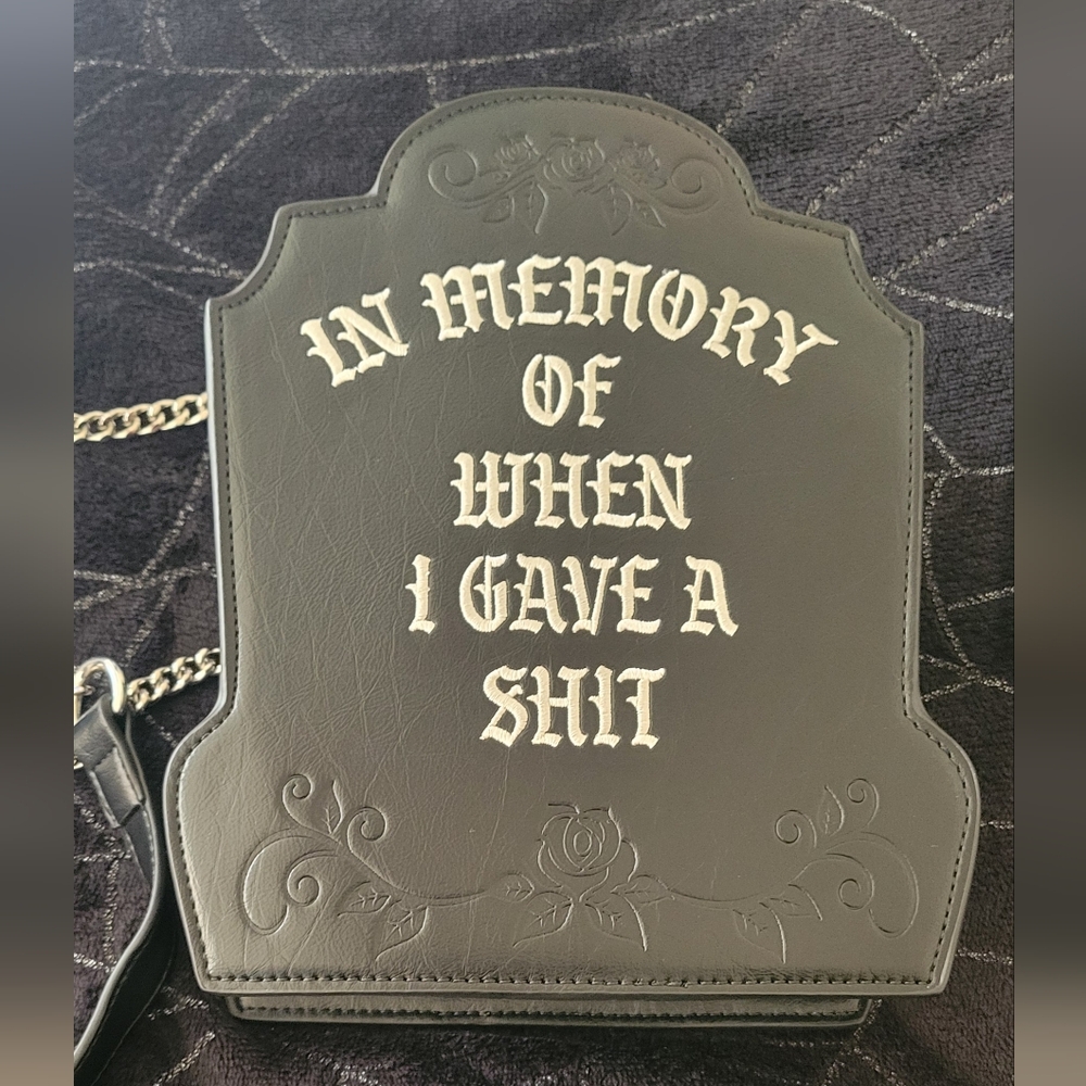 Dolls Kill Tombstone crossbody "In memory of when I gave a shit".